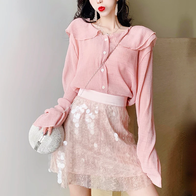 

New Summer Two Piece Set Women Pink Full Sleeve Blouse Shirt Tops And Luxury Sparkle Sequins Sexy Party Mini Skirt Suits SL247