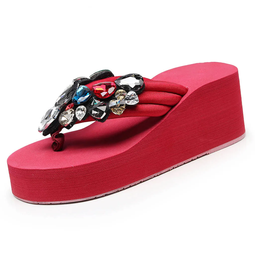 MUQGEW/женские летние женские сандалии; однотонные вьетнамки на танкетке с кристаллами; пляжная обувь; женские босоножки на платформе; - Цвет: Red