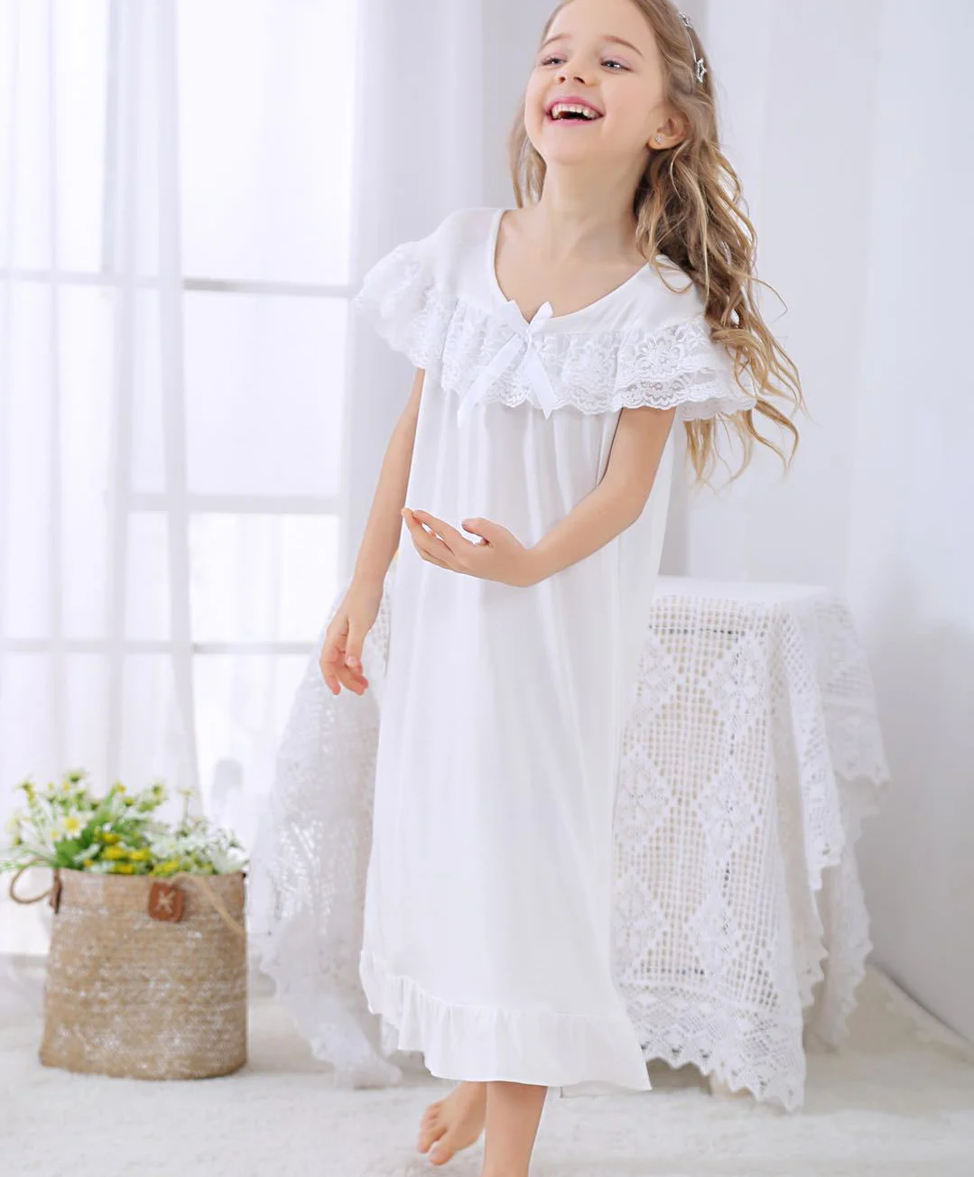 Verão de Manga Vestido para Meninas Curta Bordado Rendas Meninas Princesa Noite Algodão Branco Pijamas Vestido 2020 3 meninas princesa noite vestido para meninas algodão