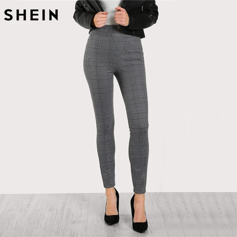 Koop SHEIN Elastische Taille Plaid Leggings Casual Winter Broek Vrouwen Hoge Taille Leggings Grijs Womens Leggings Broek