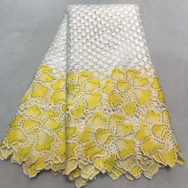 

Free shipping (5yards/pc) white and yellow African cord lace fabric beautiful flowers design with lots of stones for dress FLV39