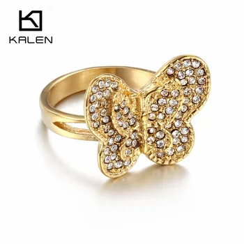 

Kalen New White Rhinestone Bowknot Rings Stainless Steel Peru Lima Gold Color Women Butterfly Rings For Engagement Party Gifts