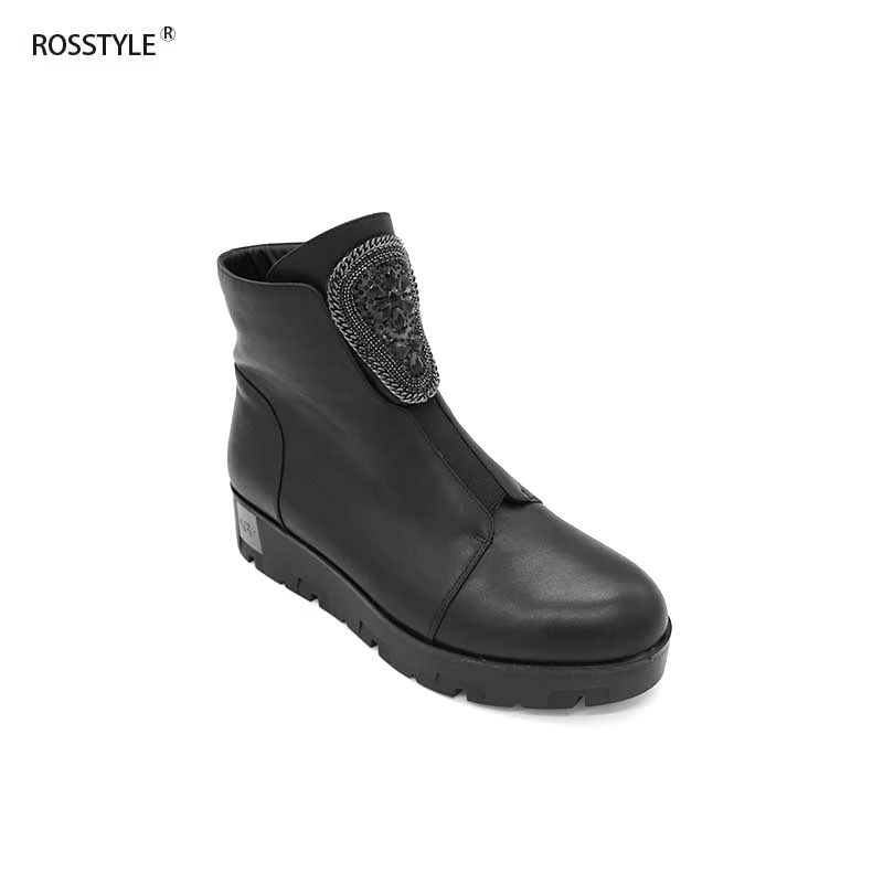 

Rosstyle Women Stylish Metal Embroider Decoration Ankle Boots Full Grain Leather High Heel Women Shoes Fleeced Zipper PlacketB20
