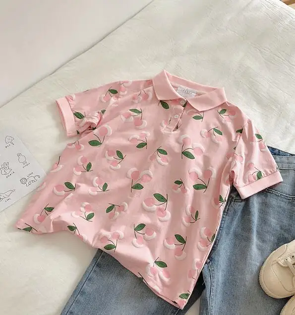 

Cute cherry pattern turn-down collar short-sleeved T-shirt
