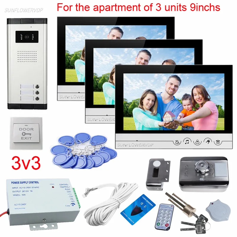 9 Inches Color Video Door Phone Doorbell For 3 Apartments Video Doorphones With Rfid Card Electronic Door Lock Video Call Units 9 Inches Color Video Door Phone Doorbell For 3 Apartments Video Doorphones With Rfid Card Electronic Door Lock Video Call Units