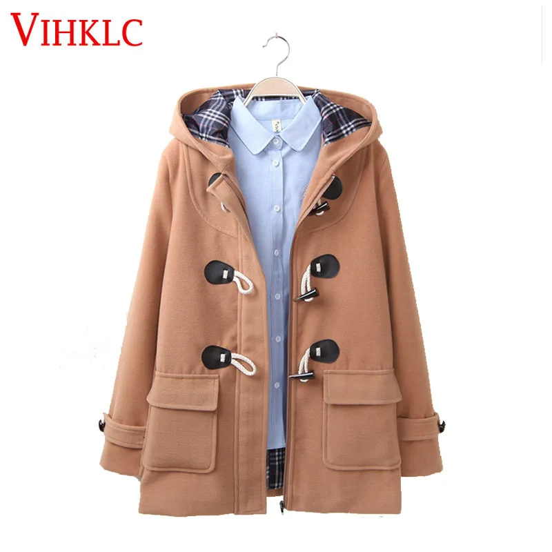 

Duffle Coat Long Turn Down Horn Button Hooded Collar Woolen Overcoat Wide Waisted manteau femme Out Wear winter coats A248
