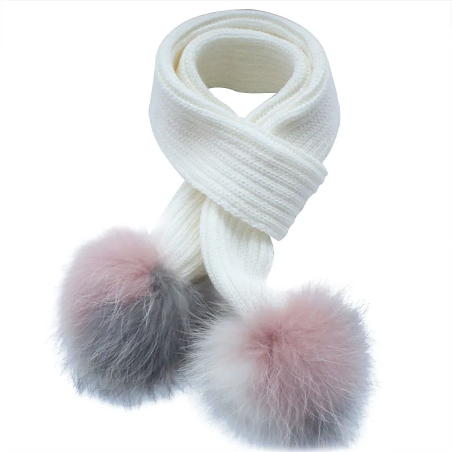 Gasoo Max Brand Children Scarf Winter Warm Knitted With 2 Pcs Colorful Detachable Pom Pom Real Raccoon Fur Pompom Baby Scarves