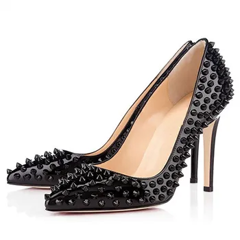 

Beautiful fashion, black lacquer, rivet decoration, about 11 cm high-heeled women's shoes, pointed toe pumps,women's shoes.