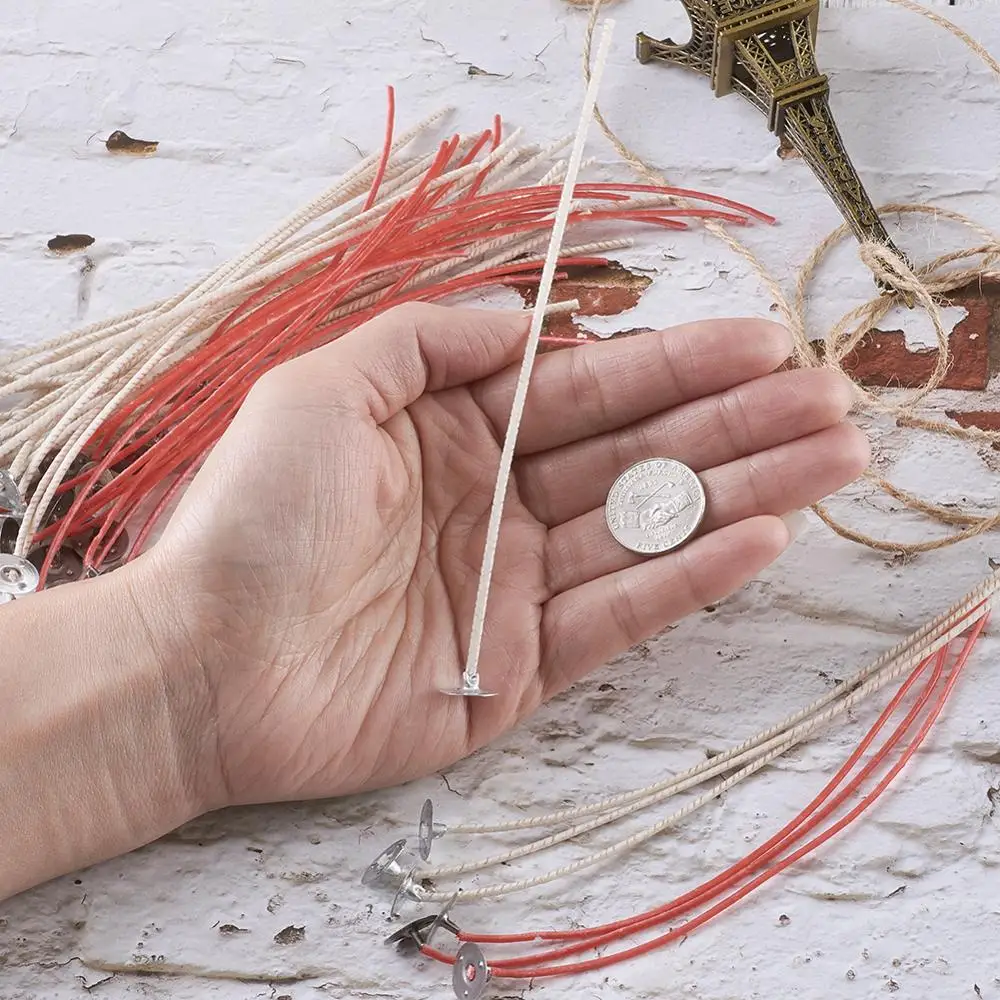 

100pcs White+Red Braid Cotton Candle Wick with Iron Core DIY Handmade Candle Birthday Candles Making, 15.5mm long, 0.2mm thick