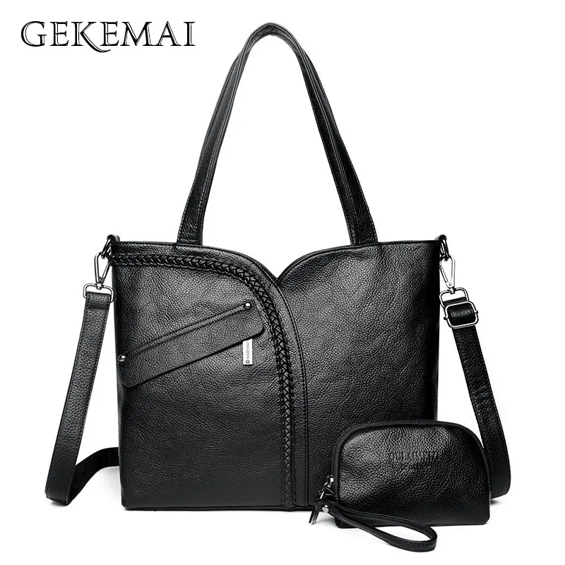  Luxury Women Genuine Leather Knitting Shoulder Bags 2 Sets Purses and Handbags Large Capacity Tote  - 32967643057