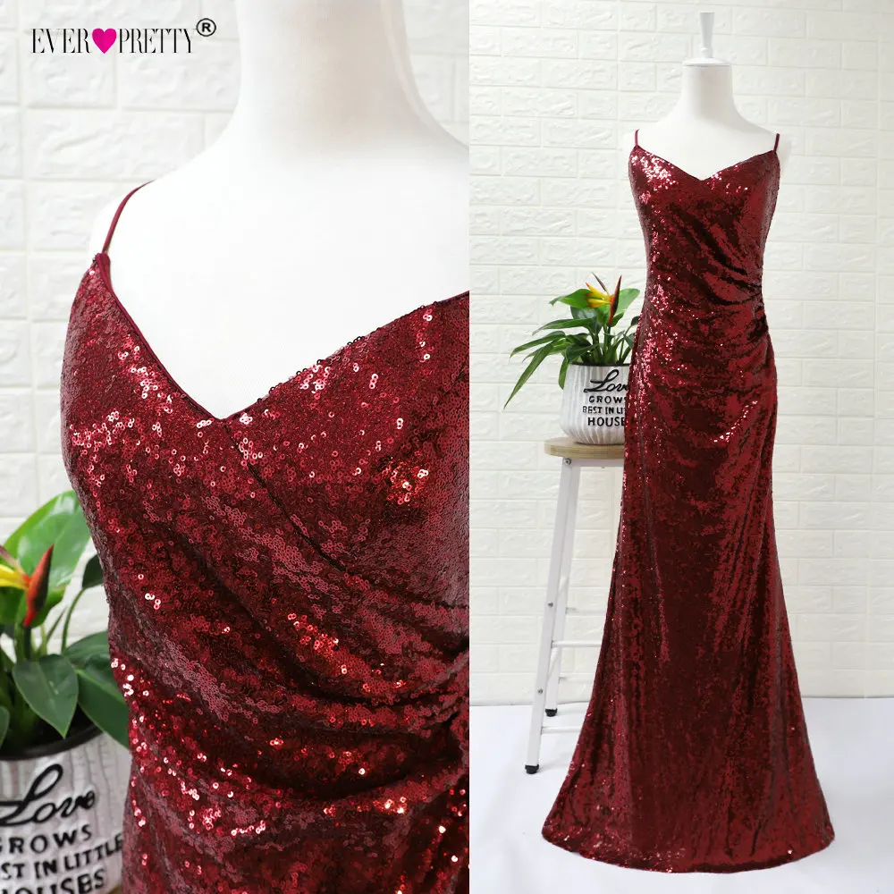 Ever Pretty Robe De Soiree New Burgundy Sexy V Neck Spaghetti Straps Sequins Evening Dresses Long Party Gowns EP07339BD