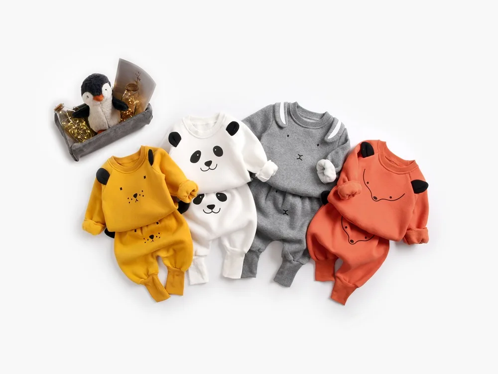 Весенне-осенние комплекты одежды для малышей комплект из 2 предметов, пуловер+ штаны костюм с милыми животными Теплая Флисовая одежда для маленьких девочек и мальчиков