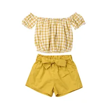 Одежда для маленьких девочек; цвет желтый; Короткий клетчатый топ с открытыми плечами; шорты; праздничный наряд