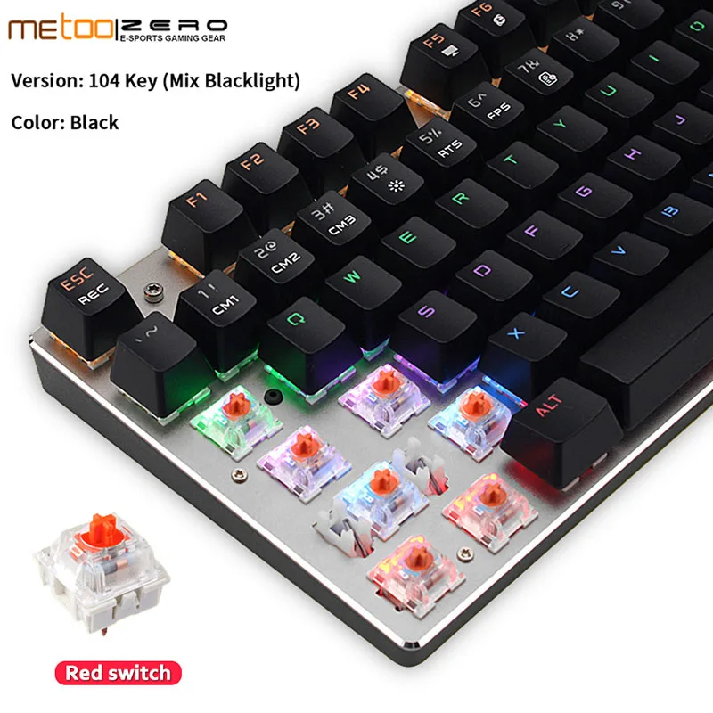 Новая игровая механическая клавиатура Metoo 87/104, светящаяся, синяя, красная, черная, с подсветкой, светодиодный, проводная клавиатура, русская - Цвет: 104 Black Red switch