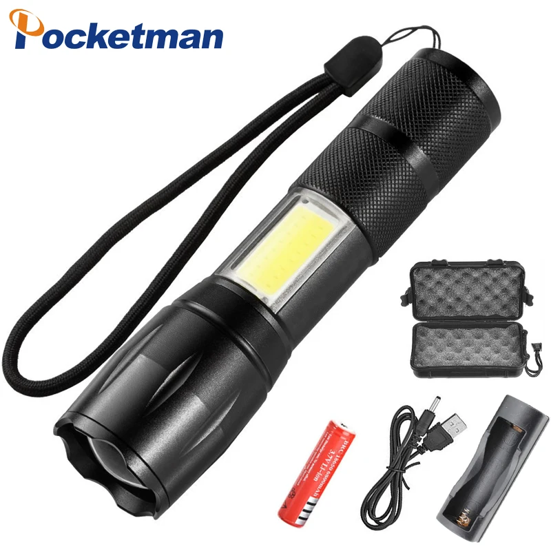 

A100 Led flashlight Ultra Bright XML-T6+COB LED Flashlight 4 lighting Modes 7000 lumens Zoom LED torch use 18650 battery