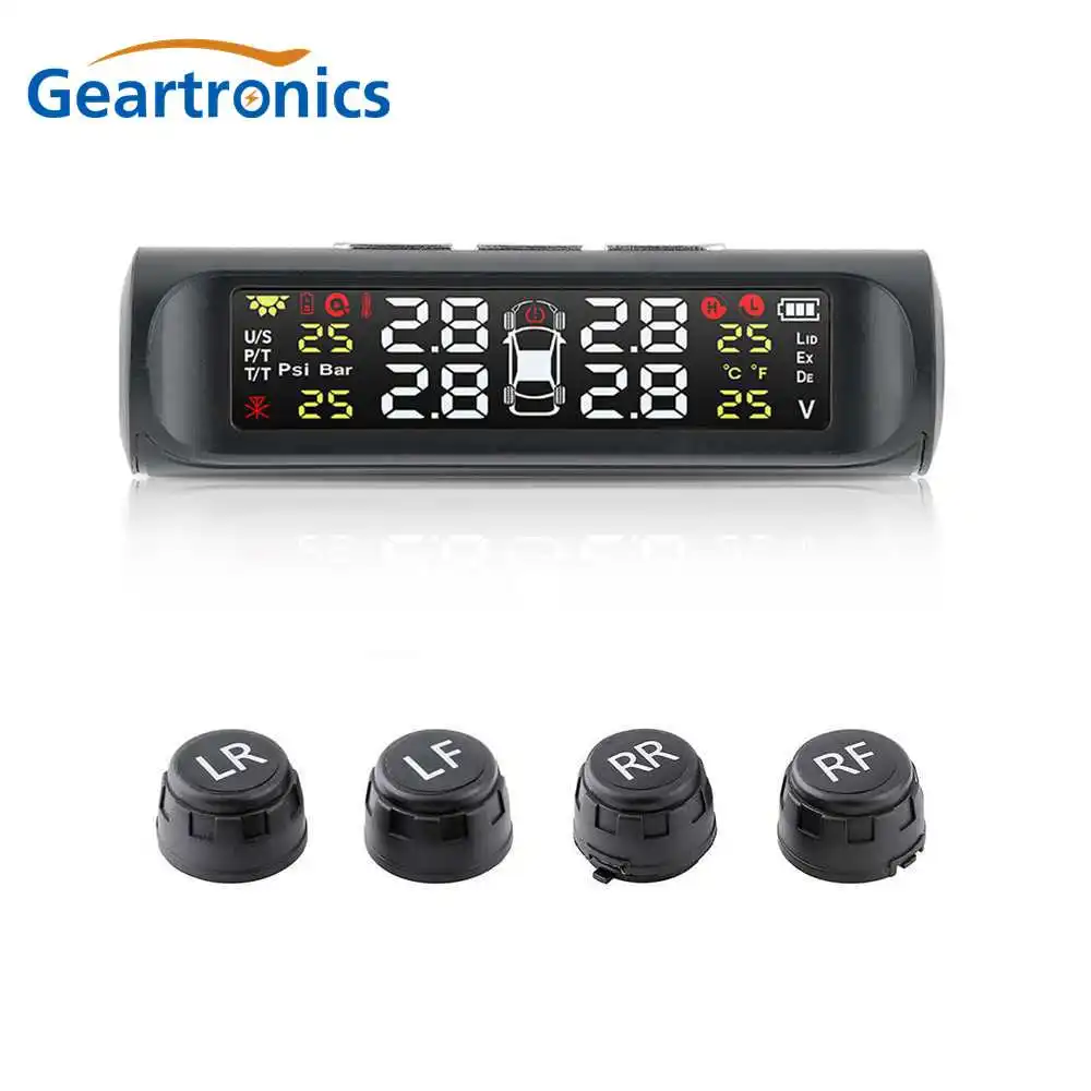 Car TPMS Tire Pressure Monitoring Tire Pressure Tester with Solar Power Charging System Digital LCD Display Auto Security Alarm