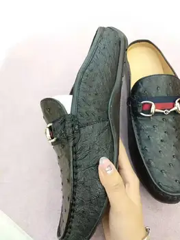

2019 Newly light blur color GENUINE ostrich skin men shoe leisue sport fashion slipper high end quality free ship