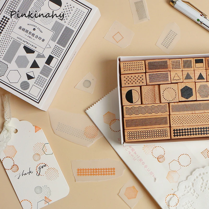 

27 pcs/set Vintage Retro Style Basic Pattern Time Planner Record Wooden Stamp Set for DIY Scrapbooking standard stamp YZ031
