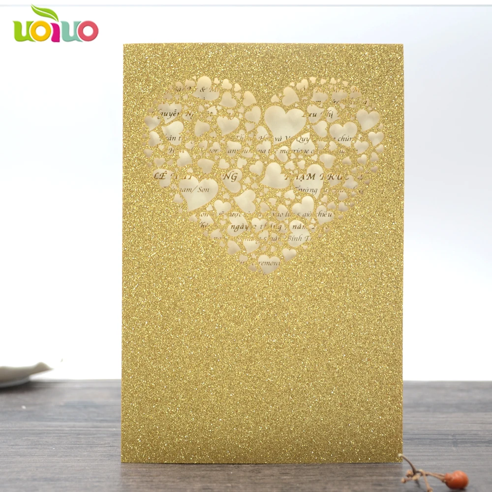 

50pc elegant marriage gold glitter top pocket laser cut loving heart Wedding Invitations card Event & Party Supplies