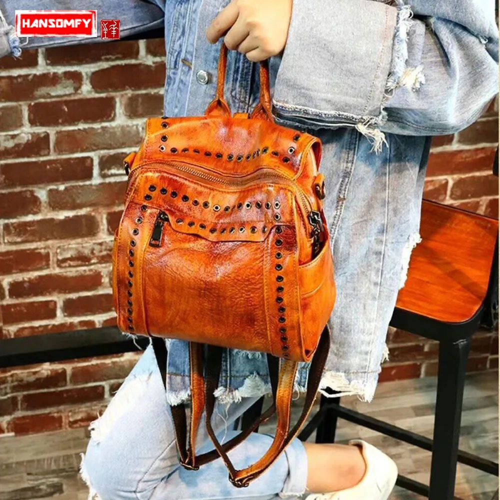 

2018 new hand-brushed Women shoulder bag first layer leather rivet backpack retro genuine leather female school travel backpack