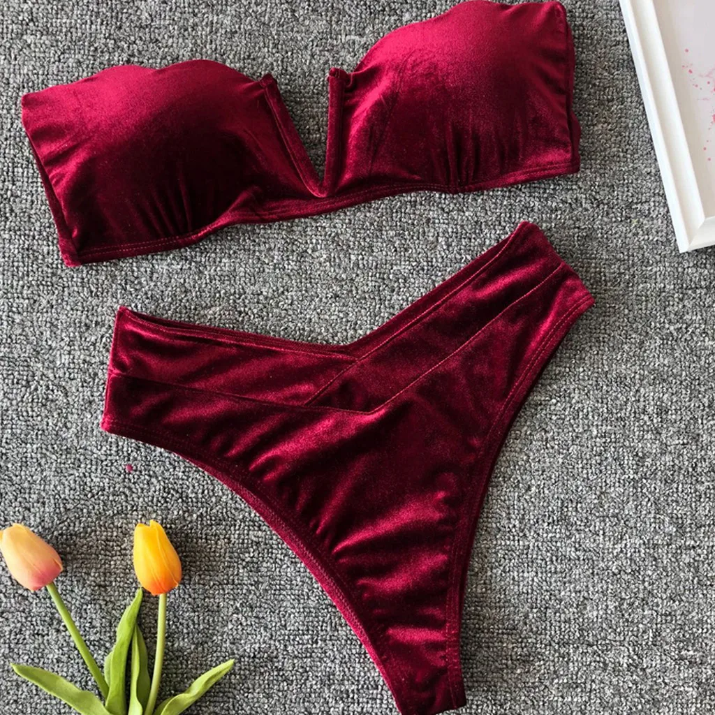 Женский сексуальный купальник без бретелек на плечо, купальники, красное золото, бархатное пляжное бикини, сексуальные бикини, топ-труба, бикини mujer