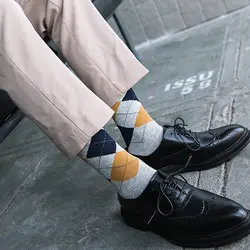 3 пары бизнес носки для экипажа мужской моды Ретро стиль классический ромб печать пунктирной линии бизнес носки мужские короткие