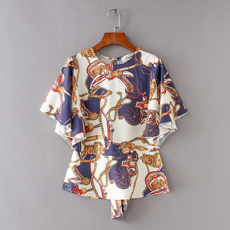 European Style 2018 Summer New Arrival Sexy Backless Lace-up Short Blouse Female Elegant Casual Sleeves Print Tops | Женская одежда