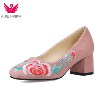 

Size 43 Real Leather Embroidered Women Pumps High Heels Square Toe Slip-on Women Thick Heels Elegant Ladies Party Shoes Women