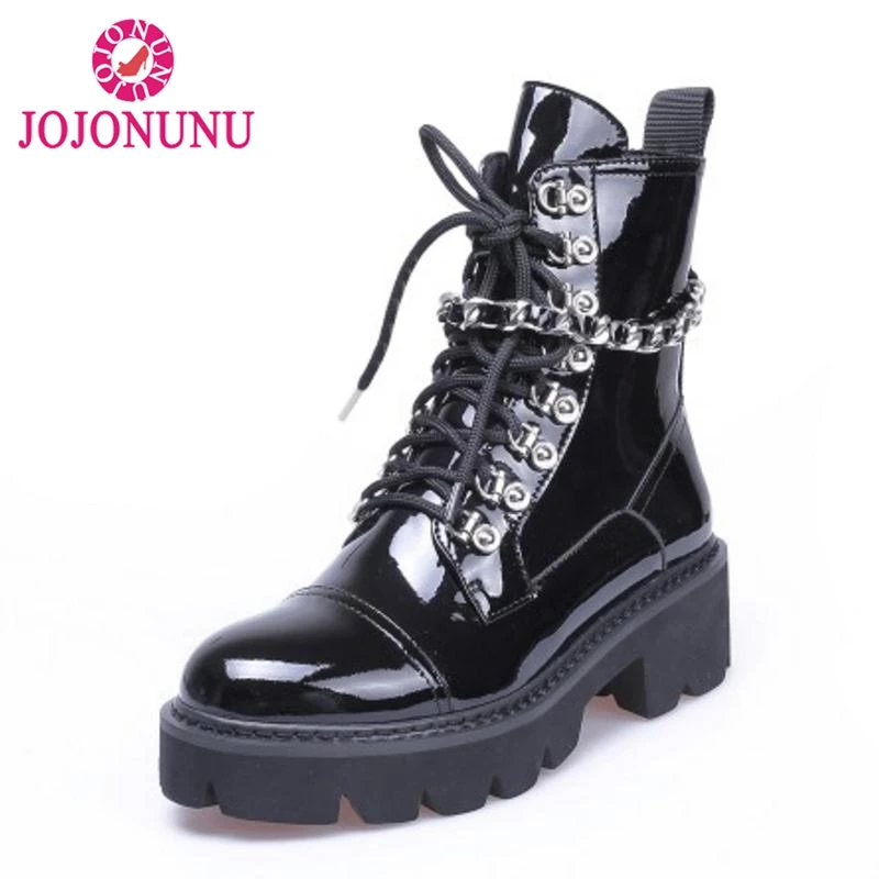 

FITWEE Women High Heels Ankle Boots Winter Lace Up Patent Leather Platform Shoes Woman Designer Gothic Boots Size 34-39