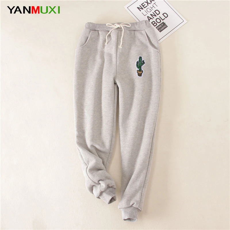 

Plus Size Cactus Cat Print Winter Thickening Plus Velvet Gray Beans Green Red Black Ladies Harem Warm Trousers Dropship