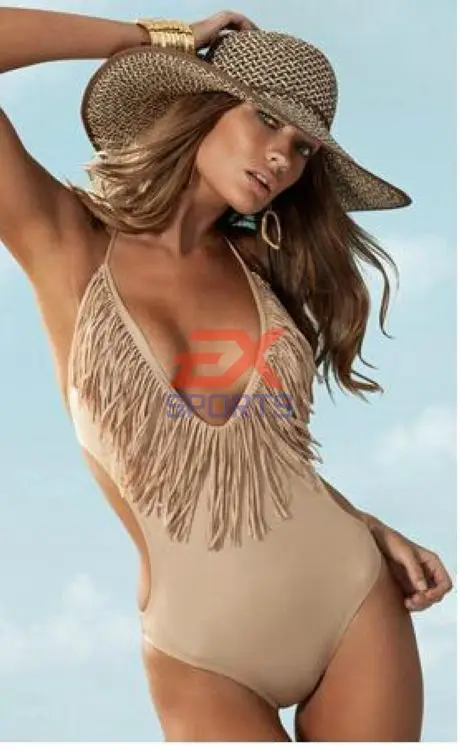 Set of Push-up Padded V-neck Fringe Piece Swimsuit Tassel Bikini Conjoined Swimsuit Swimwear (3)