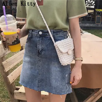 

Alien Kitty Summer New Retro Korea Fresh High Waist Women Hole All-Match Fresh High Quality Casual A-Line Plus Size Mini Skirt