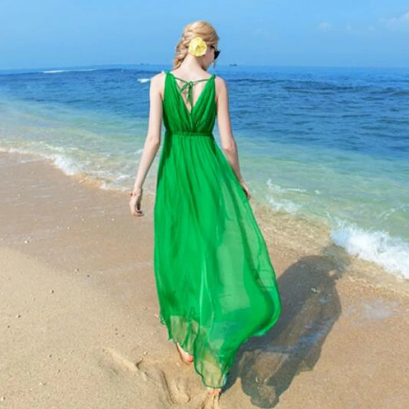 Женское шелковое платье, длинное пляжное платье, натуральный шелк, одноцветное платье, летние платья с v-образным вырезом, без рукавов