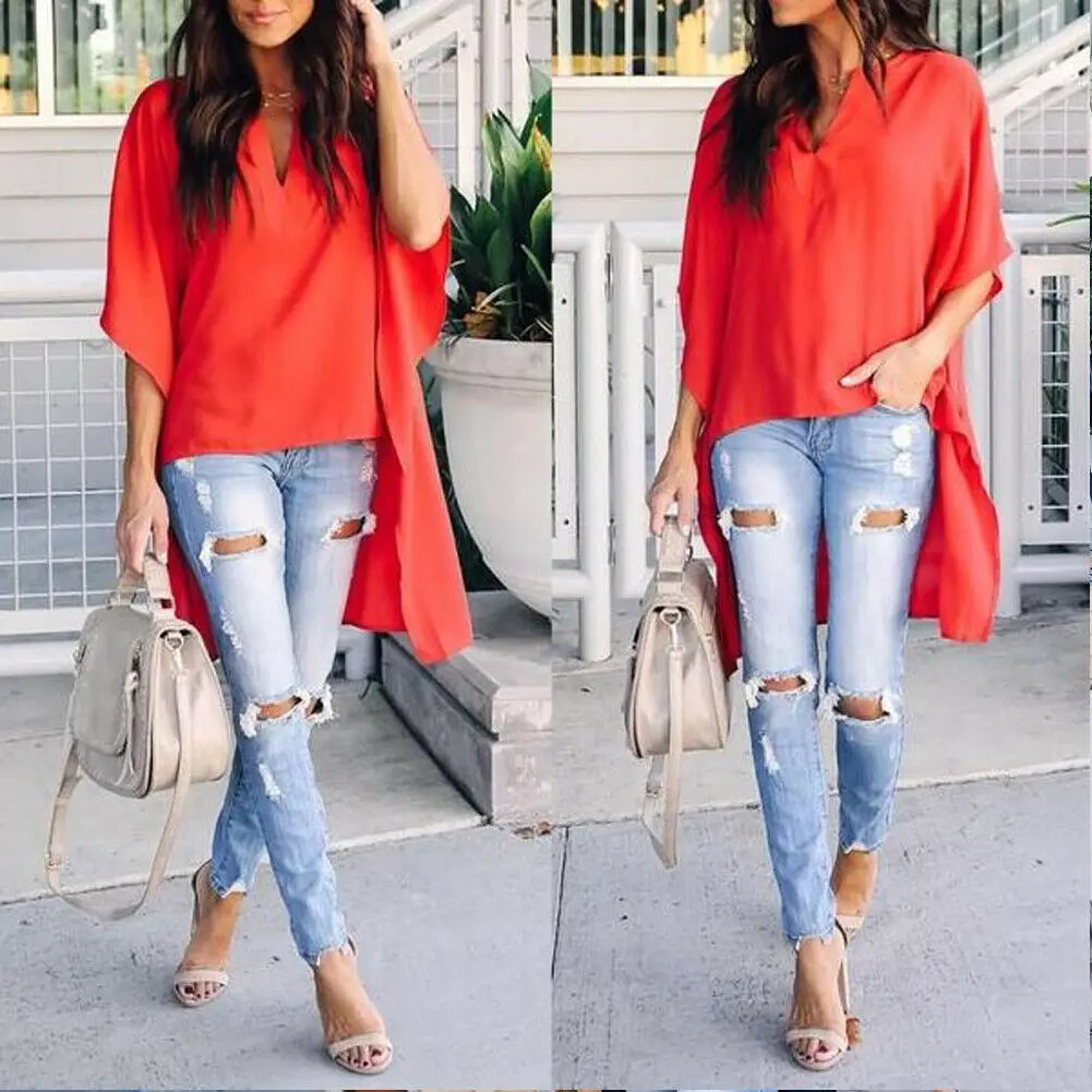 Hot 2019 Women Blouses Summer Elegant Irregular V-Neck Chiffon soft Tunic Casual Solid breathable Half batwing sleeve Top Shirts