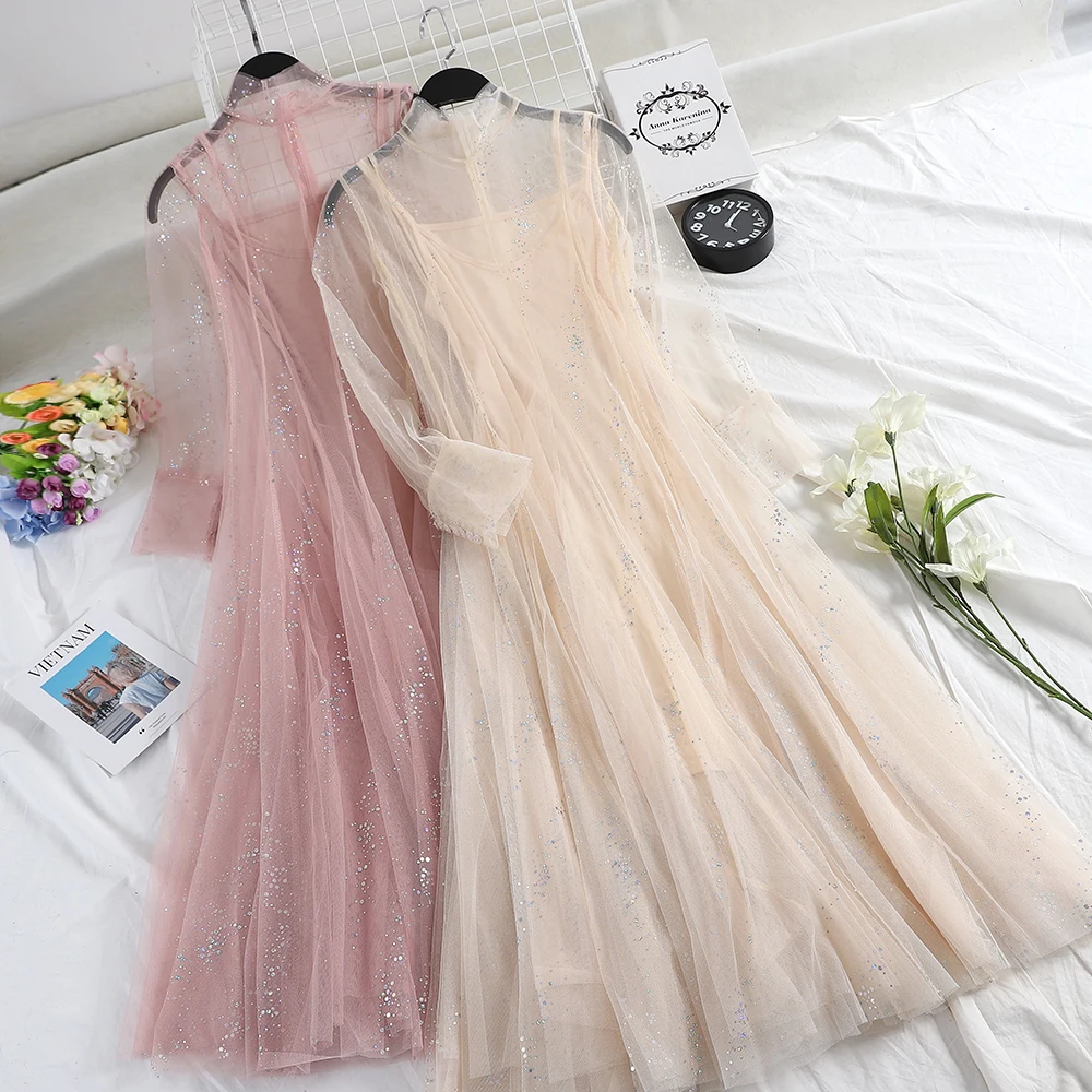 

2019 Spring New Women's Sequin Dress Sets Fairy Round Lace Collar Mid Long Gauze Dress + Sling Two-piece Sets