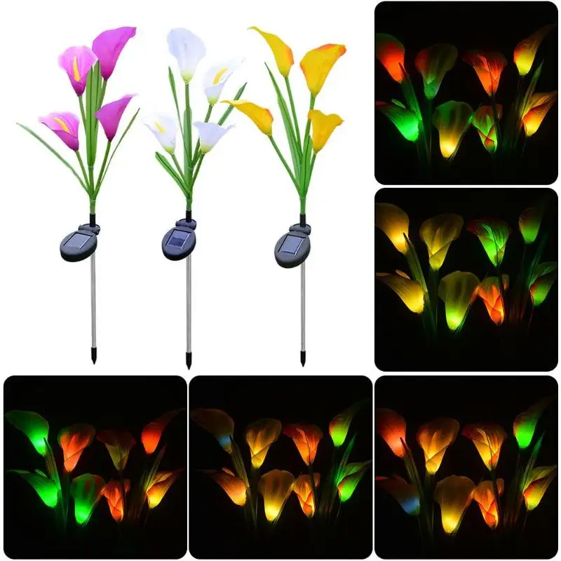3pcs Solar 4 LED Simulation Calla Lily Light Colorful Changing Lamp for Garden Landscape Decorative Lamp