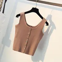 Вязание жилет Для женщин летние пуловеры без рукавов короткий соблазнительный женские, облегающие свитера майки короткие тянуть в полоску стрейч