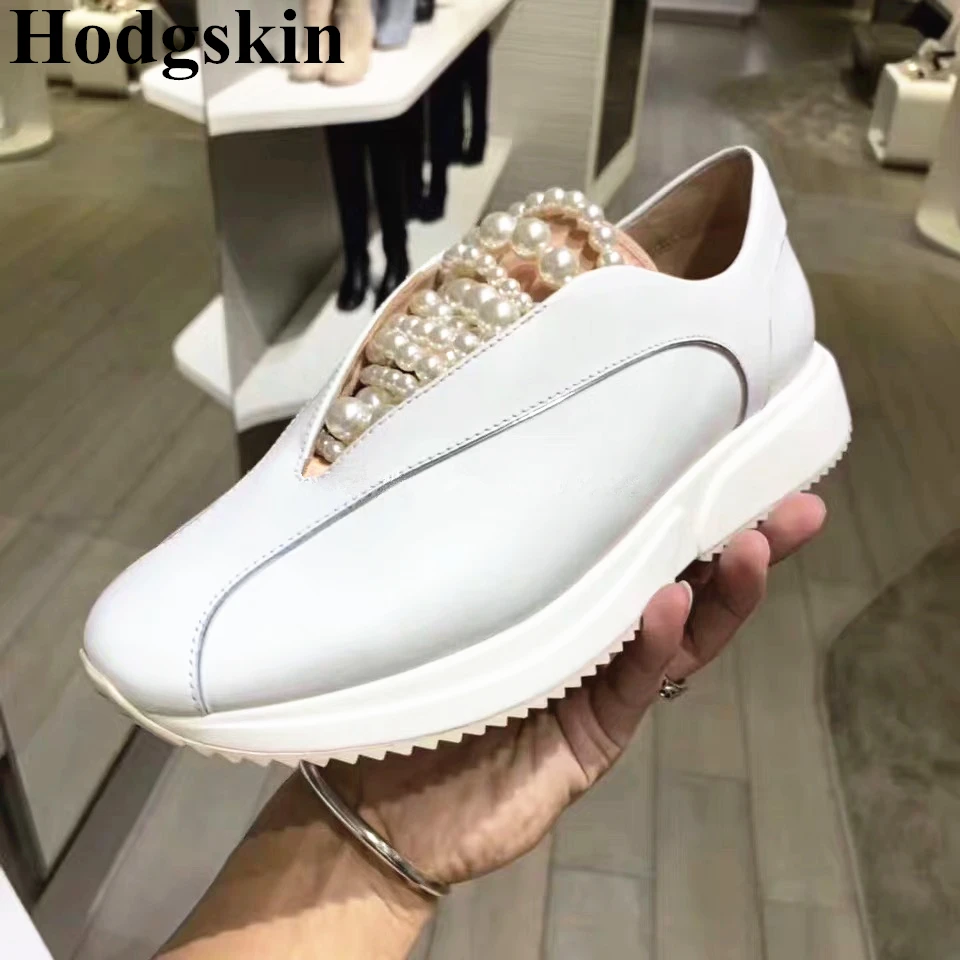 

Luxury Pearl Genuine Leather Women Sneakers Platform Flat Soft Casual Round Toe female sneakers Trainer Walking Running Footwear