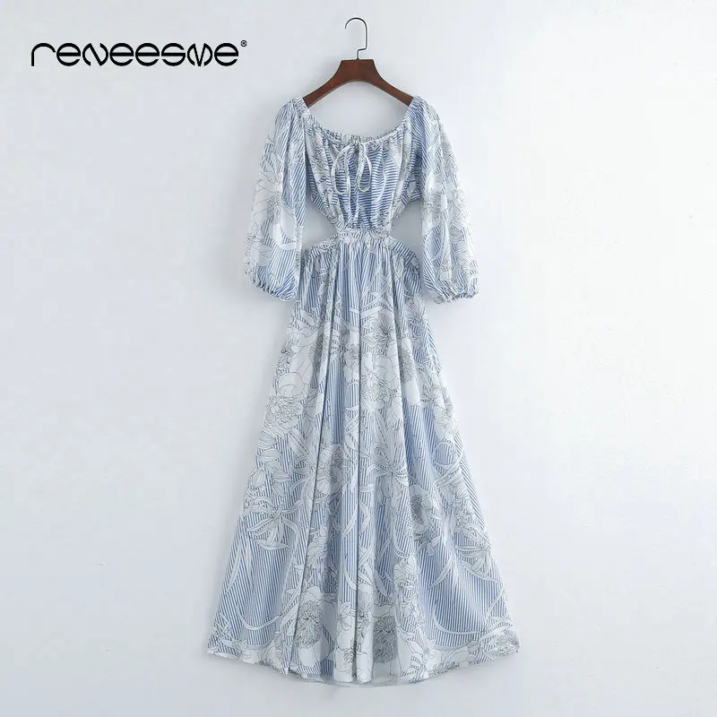 

reneesme summer women dress elastic neck long sleeve open back a line bohemian lace up ladies dresses mid-calf print vestidos