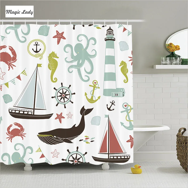 Shower Curtain Navy Bathroom Accessories Sea Creatures Rope Anchor Crab
