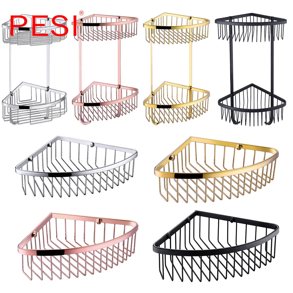 

All Brass Single/Double Tier Caddy Corner Shower Basket Bathroom Shelves Shower Organizer Rustproof, Chrome/Black/Gold.
