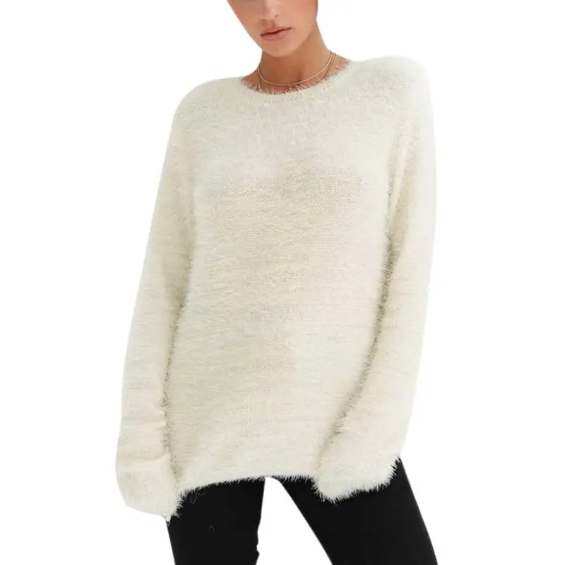 

2019 Sexy Loose Pullover Fluffy Sweaters Women Casual Plush Sweater Spring Autumn Long Sleeve O-neck Tops Solid Color