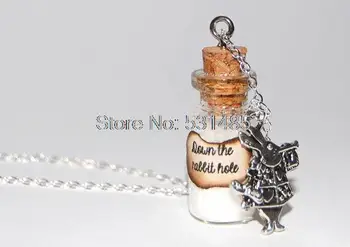 

12pcs/lot Alice In Wonderland Handmade Glass Bottle Necklace - The White Rabbit down the rabbit hole message silver necklace