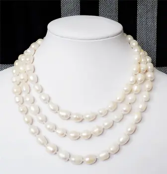 

FREE shipping>>>>9-10MM white Freshwater Cultured Rice Pearl Necklace 64" 6.07