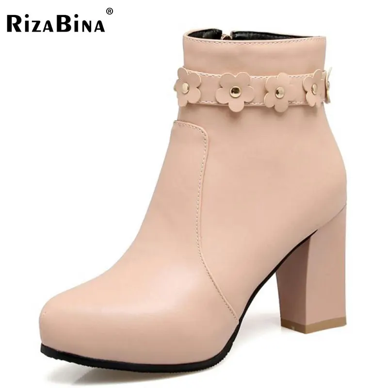 RizaBina Size 34 43 Office Lady High Heel Boots Women Zipper Flower Round Toe Thick Heel