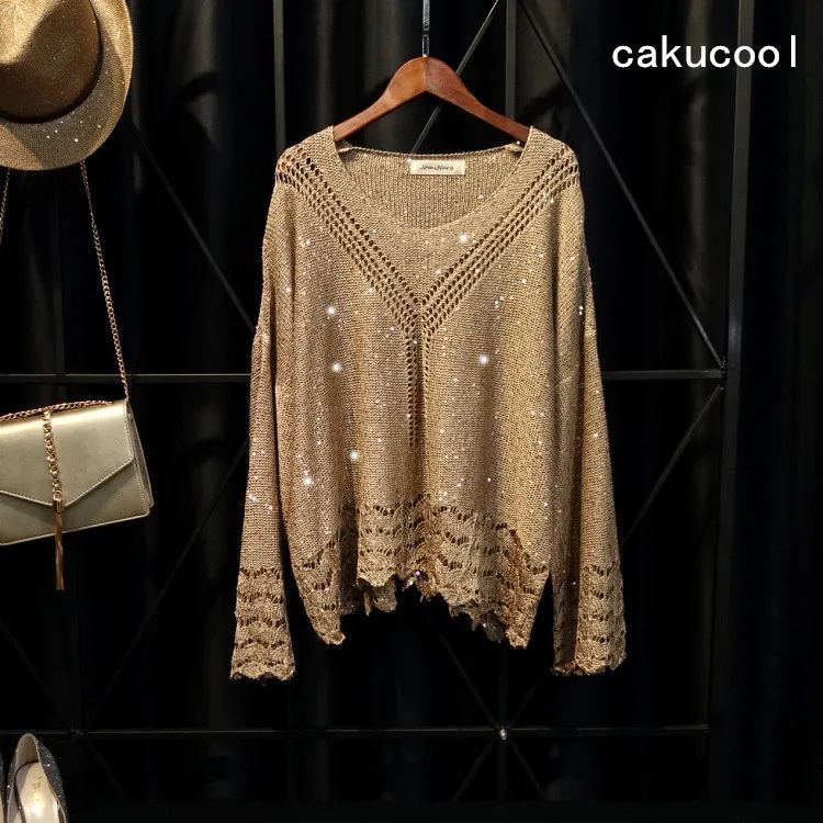 

Cakucool Gold Lurex Knit Tops Women Long Sleeve Big O-neck Sequined Jumpers Thin Bling Hollow out Shiny Sweaters Pullover Female