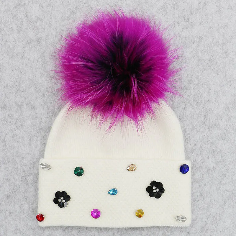GZHILOVINGL качественные зимние шерстяные толстые мягкий дизайнерский шапки для женщин и девочек Skullies Beanies Diy Цветочный Эластичный со стразами помпон шапка