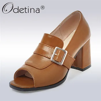 

Odetina 2019 New Fashion Women Buckle Pumps Peep Toe High Heels Shoes Elegant Slip On Pumps Solid Block Heel 7 CM Big Size 33-47