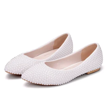 

Female flat shoes pointed toe shallow shiny bead decoration spring and autumn comfortable casual white beige shoes women