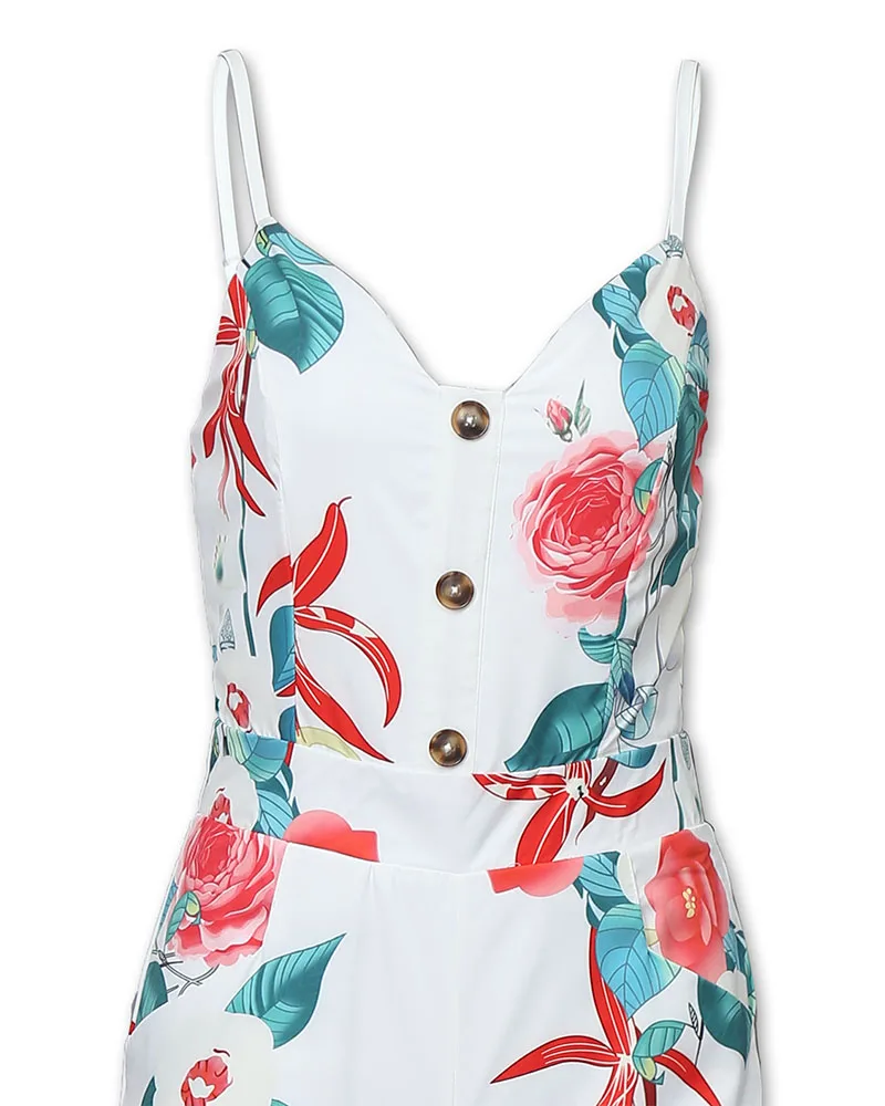Floral Print Summer Office Jumpsuits Women Buttons Design Sexy Long Jumpsuit Rompers Wide Leg Long Pants Overalls